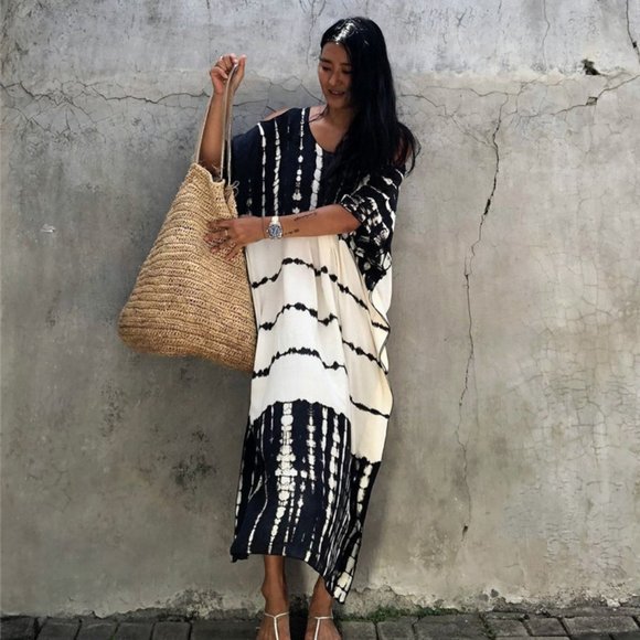 New Boho Tie Dye Kimono Maxi MuMu Tunic Dress Beach Cover-Up Womens - Picture 5 of 11